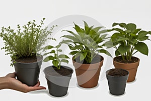 A Variety Of Lush Green Plants In Black And Terra Cotta Pots Cradled In A Human Hand