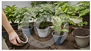 Variety Of Lush Green Plants In Black And Terra Cotta Pots Cradled In A Human Hand