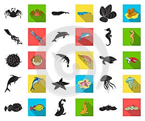 A variety of marine animals black,flat icons in set collection for design. Fish and shellfish vector symbol stock web