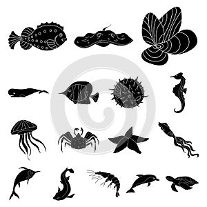 A variety of marine animals black icons in set collection