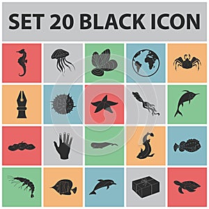 A variety of marine animals black icons in set collection for design. Fish and shellfish vector symbol stock web