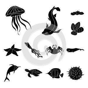 A variety of marine animals black icons in set collection for design. Fish and shellfish vector symbol stock web