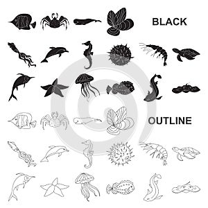 A variety of marine animals black icons in set collection for design. Fish and shellfish vector symbol stock web