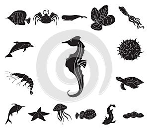 A variety of marine animals black icons in set collection for design. Fish and shellfish vector symbol stock web