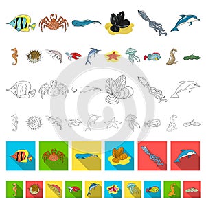 A variety of marine animals cartoon icons in set collection for design. Fish and shellfish vector symbol stock web