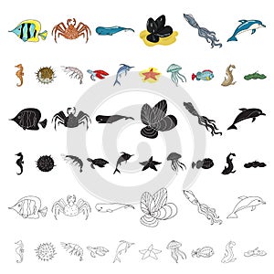 A variety of marine animals cartoon icons in set collection for design. Fish and shellfish vector symbol stock web