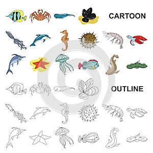 A variety of marine animals cartoon icons in set collection for design. Fish and shellfish vector symbol stock web