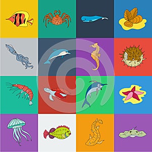 A variety of marine animals cartoon icons in set collection for design. Fish and shellfish vector symbol stock web