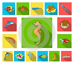 A variety of marine animals flat icons in set collection for design. Fish and shellfish vector symbol stock web