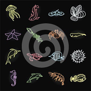 A variety of marine animals neon icons in set collection for design. Fish and shellfish vector symbol stock web