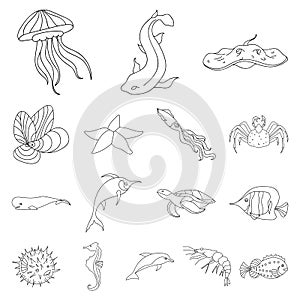 A variety of marine animals outline icons in set collection for design. Fish and shellfish vector symbol stock web