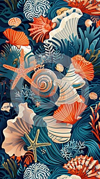 Variety of marine life illustration background with seashells, starfish, and coral in rich, detailed design
