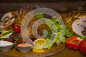 A variety of meat dishes in one of the bars.