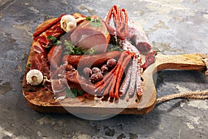 Variety of meat products including ham and sausages