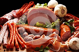 Variety of meat products including ham and sausages