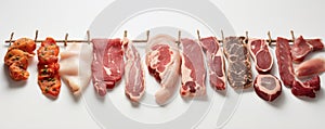 A variety of meats arranged horizontally in a line. Design elements with raw meat on a white background.