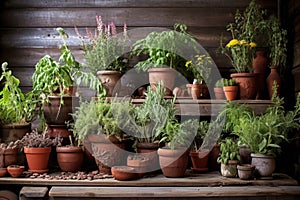 a variety of medicinal herbs in clay pots on rustic wooden table