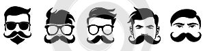 Variety of men\'s hairstyles and mustaches icon set. Different male hairstyles. Diverse fashion styles
