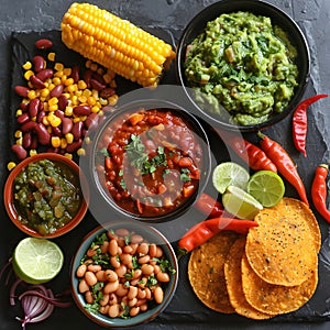 Generative AI. Vibrant Spread of Mexican Cuisine Featuring Salsa, Guacamole, and Beans on a Slate Surface