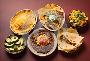 a variety of mexican food dishes in bowls photo