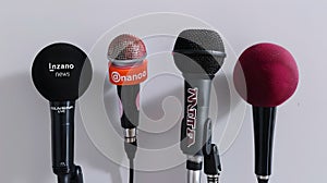Variety of Microphones on Light Background. Professional Audio Equipment. Studio Microphone Set. Podcasting and