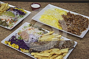 Variety of Middle Eastern dishes. Meat with rice, Seekh kebab duck with potatoes and salad