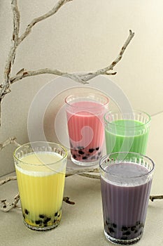 Variety of Milk Bubble Boba Pearl Tea in Tall Glasses