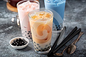 Variety of milk bubble tea in tall glasses