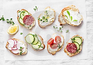 Variety of mini sandwiches with cream cheese, vegetables and salami. Sandwiches with cheese, cucumber, radish, tomatoes, salami, t