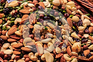 Variety of mixed nuts of different types in the Boqueria market