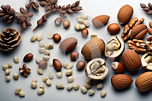 Variety of mixed nuts in shell and without shell on a light background. Playground AI platform