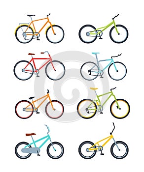 Variety of modern bikes flat vector illustrations set