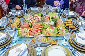 A variety of Moroccan appetizers. Pastilla Shrimp and Salad