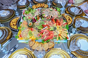 A variety of Moroccan appetizers. Pastilla Shrimp and Salad