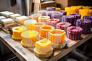 a variety of moulds prepared for solidifying wax