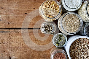 Variety of mueslis in jars variety of healhty organic grains