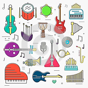 Variety of musical instruments set