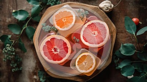 Variety of natural handmade soap bars with grapefruit and tangerines on a dark background. top view