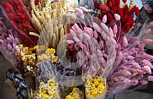 Variety of natural plant dried flowers home decorative eternal flower bouquets of floral grass multicolored gems, lavender, tansy photo