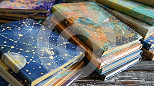 A variety of notebooks and journals with particle designs on the cover perfect for jotting down scientific notes or photo