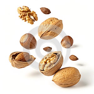 Falling various nuts realistic nuts isolated on white background