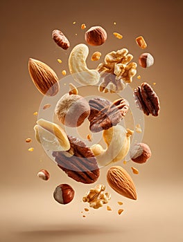 Assortment of assorted nuts including almonds cashews walnuts and pecans falling