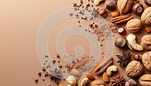 Variety of nuts on neutral background with ample space for creative text placement