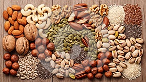 A variety of nuts and seeds is displayed on a wooden surface
