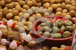 Variety of olives in the Mercado de Atarazana