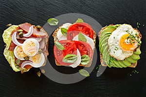 Variety of open sandwich,  wholemeal bread slices  with various toppings: smoked tuna, egg, lettuce, tomatoes, mozzarella, avocad