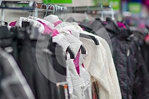 Variety os jackets and vests in supermarket