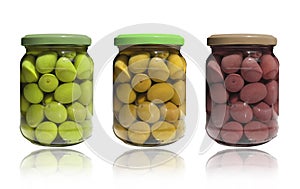 Variety of pickled olives closed in a glass containers