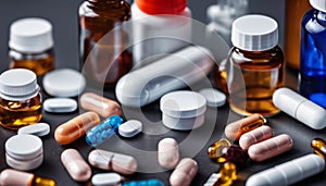 A variety of pills and medications are displayed on a table