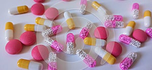 Variety of pills and pharmaceutical products, Shot of multiple pills on white background photo